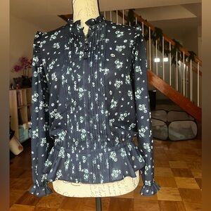 Charter Club Navy Floral Ruffled Peplum Top